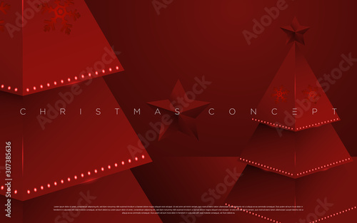 Minimal Merry Christmas pine tree on the red background for greeting cards, mailing design, poster and new year elements design. Vector EPS.