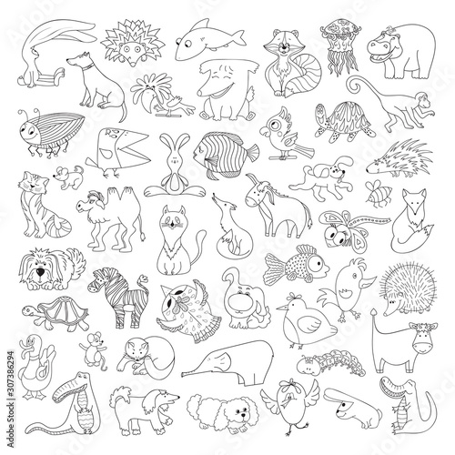 Big Vector Set of Funny Wild Animals and Pets. Coloring Page for kids. Cute Cartoon Animals, Birds, Insects and Fishes for Coloring Book
