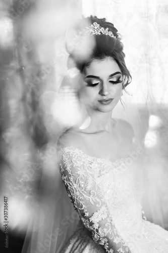 Black and white photo. Gorgeous female bride. Beautiful bride with makeup and hair style. Sexy bride posing in luxury interior. Wedding morning of the bride. Newlywed woman final preparation for weddi