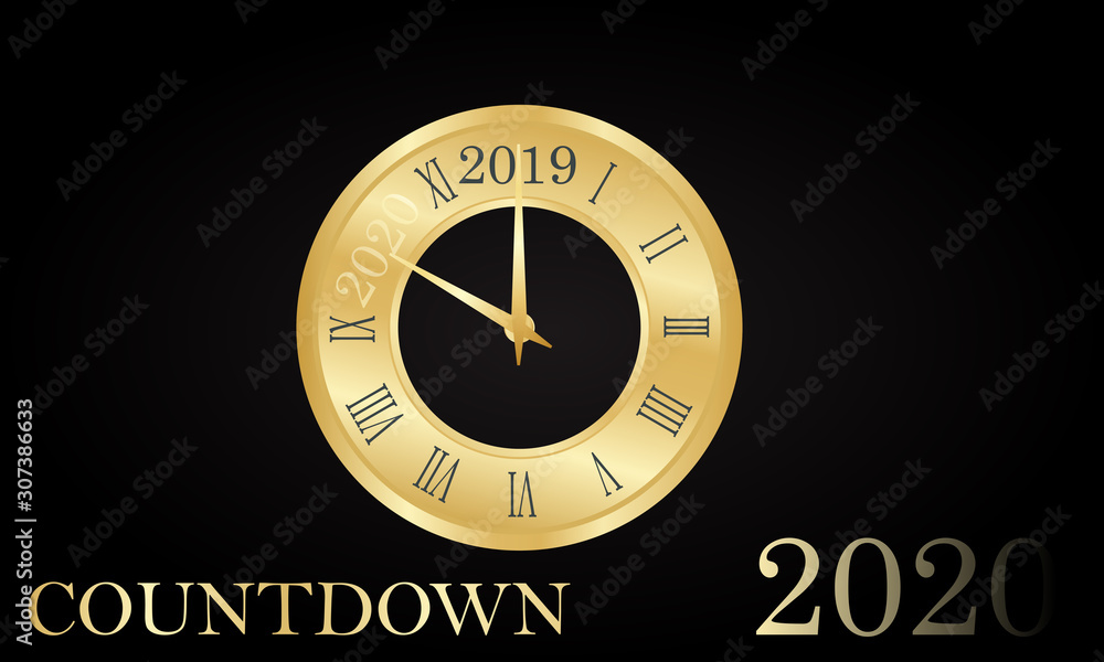 New Year, Clock golden design With roman dial a few minutes from 2019 Countdown to 2020. Happy NEW YEAR Merry Christmas greeting card on black background. vector illustration New Year, Clock golden design With roman dial a few minutes from 2019 Countdown to 2020. Happy NEW YEAR Merry Christmas greeting card on black background. vector illustration