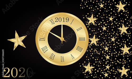 New Year, Clock golden design With roman dial a few minutes from 2019 Countdown to 2020. Happy NEW YEAR Merry Christmas greeting card on black background. vector illustration