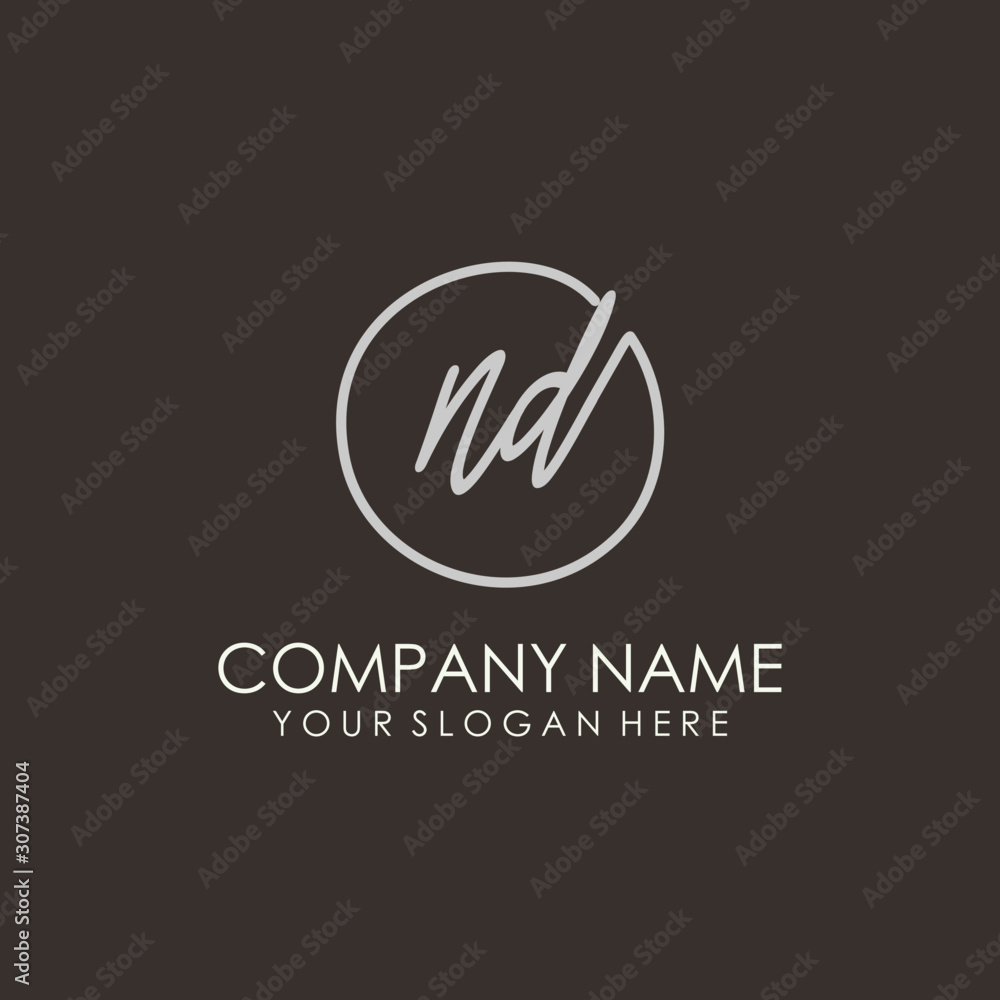ND initials signature logo. Handwritten vector logo template connected to a circle. Hand drawn Calligraphy lettering Vector illustration.