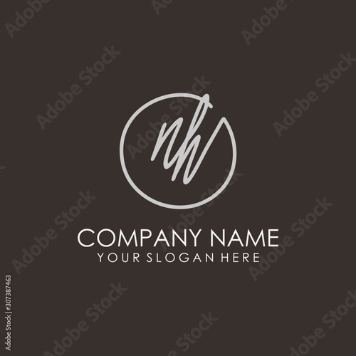 NH initials signature logo. Handwritten vector logo template connected to a circle. Hand drawn Calligraphy lettering Vector illustration.