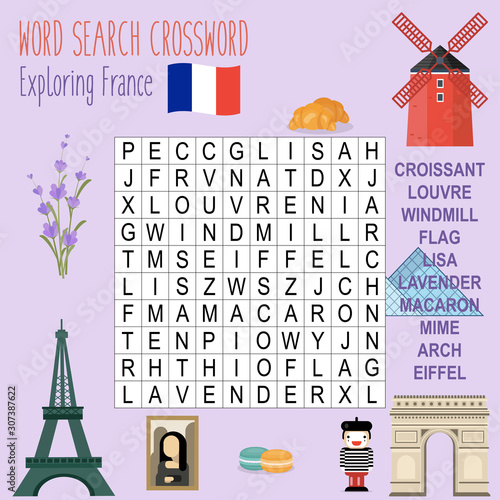 Easy word search crossword puzzle 'Journey to France', for children in elementary and middle school. Fun way to practice language comprehension and expand vocabulary. Includes answers. 