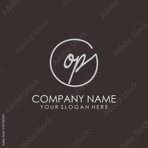 OP initials signature logo. Handwritten vector logo template connected to a circle. Hand drawn Calligraphy lettering Vector illustration.