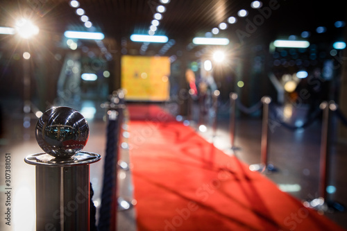 Red carpet with barriers and velvet ropes.
