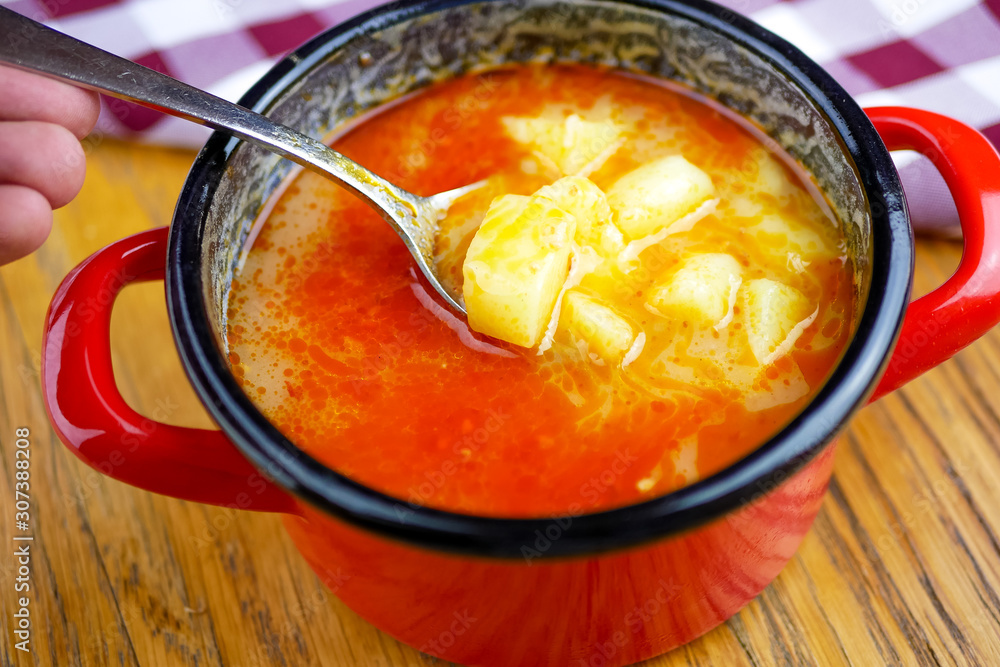Soup on a restaurant table Soup on a restaurant table