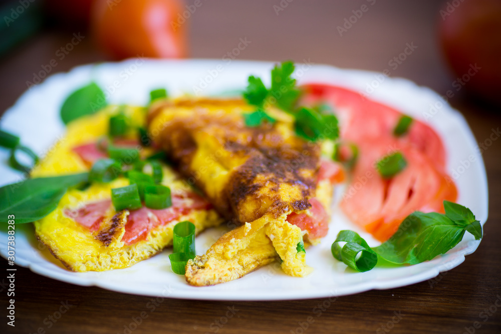 fried omelet from homemade organic eggs with tomatoes and green onions fried omelet from homemade organic eggs with tomatoes and green onions