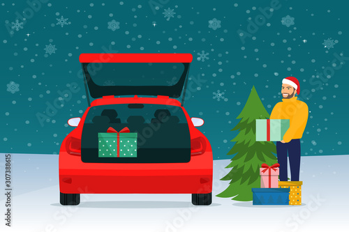 Man with gift boxes next to the trunk of the station wagon car. Vector flat style illustration.