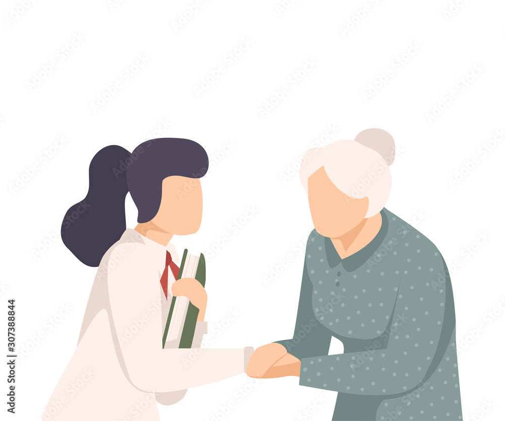 Obraz premium Young Woman Soothing Senior Female Holding Her Hand and Giving Word Support Vector Illustration