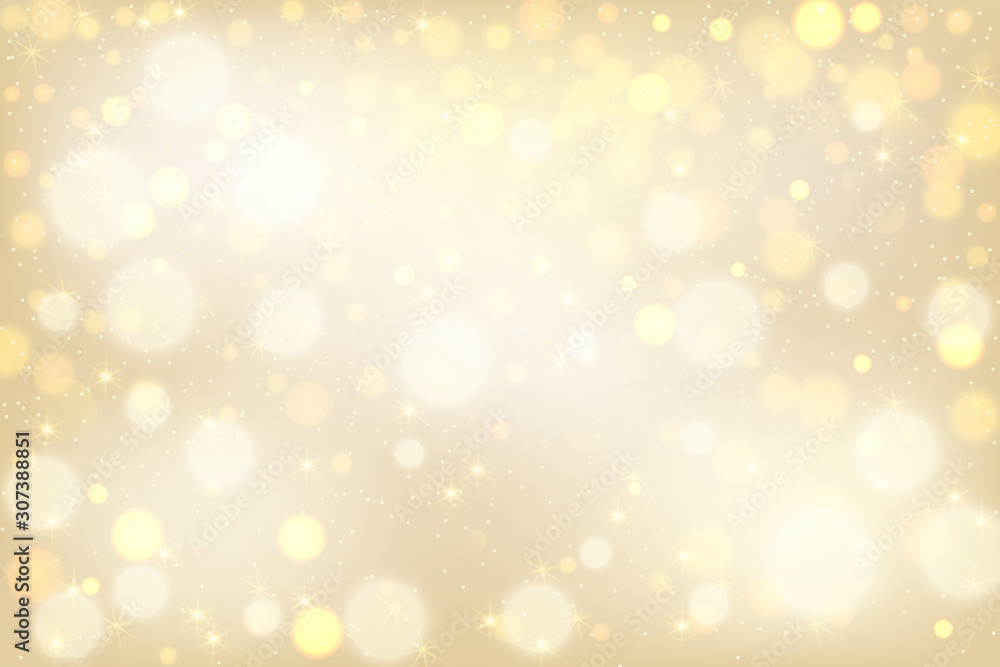 Golden bokeh background. Christmas glowing lights with sparkles. Holiday decorative effect.