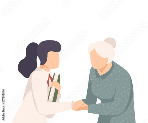 Young Woman Soothing Senior Female Holding Her Hand and Giving Word Support Vector Illustration