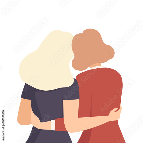 Women Embracing Each Other View From Back Vector Illustration