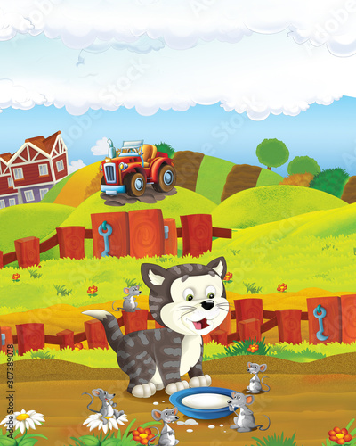 cartoon scene with cat having fun on the farm - illustration for children
