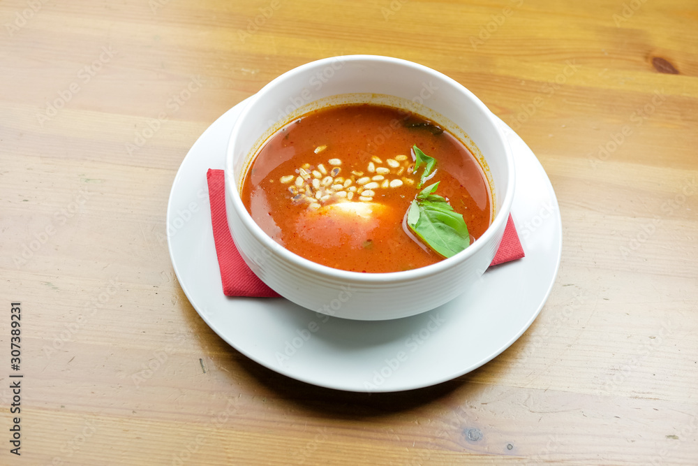 Soup on a restaurant table Soup on a restaurant table