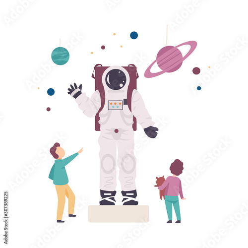 Little Kids Standing Near Costume of Astronaut and Exploring It Vector Illustration