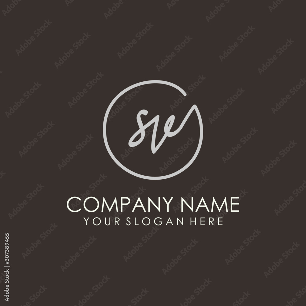 SV initials signature logo. Handwritten vector logo template connected to a circle. Hand drawn Calligraphy lettering Vector illustration.