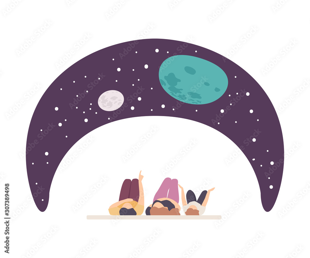 Naklejka premium People Characters Lying on Floor and Watching Starry Sky Projection Vector Illustration