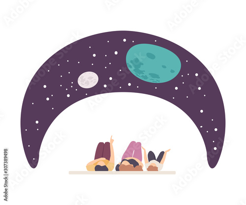 People Characters Lying on Floor and Watching Starry Sky Projection Vector Illustration