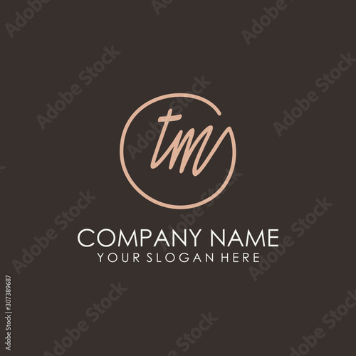 TM initials signature logo. Handwritten vector logo template connected to a circle. Hand drawn Calligraphy lettering Vector illustration. © VOKE VICTORI