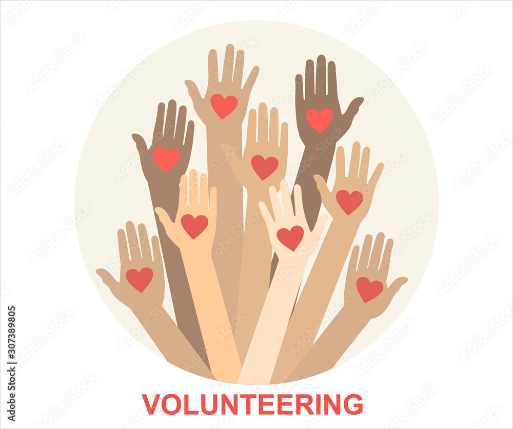 Fototapeta premium Hands with hearts. Raised hands volunteering vector concept