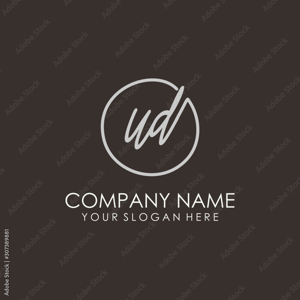 UD initials signature logo. Handwritten vector logo template connected to a circle. Hand drawn Calligraphy lettering Vector illustration.