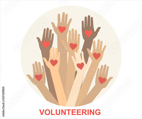 Hands with hearts. Raised hands volunteering vector concept