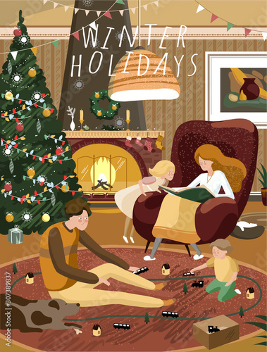 Winter family holidays at home. Happy mother, father and children play and read a book on New Year's Eve and Christmas in the living room with Christmas tree, fireplace and pets. Vector illustration.