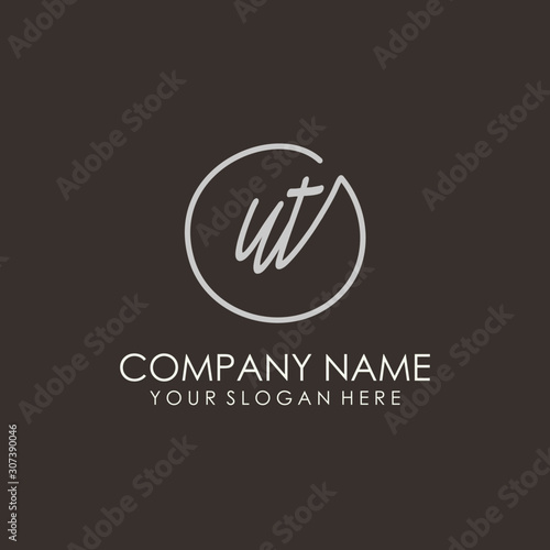 UT initials signature logo. Handwritten vector logo template connected to a circle. Hand drawn Calligraphy lettering Vector illustration.