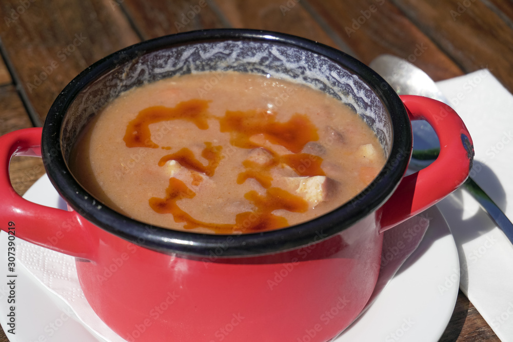 Soup on a restaurant table Soup on a restaurant table