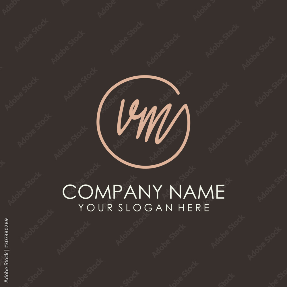 VM initials signature logo. Handwritten vector logo template connected to a circle. Hand drawn Calligraphy lettering Vector illustration.