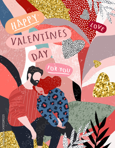 Happy Valentine's Day! Vector cute illustration of a couple in love for background, card or poster. Abstract trendy print for the holiday.