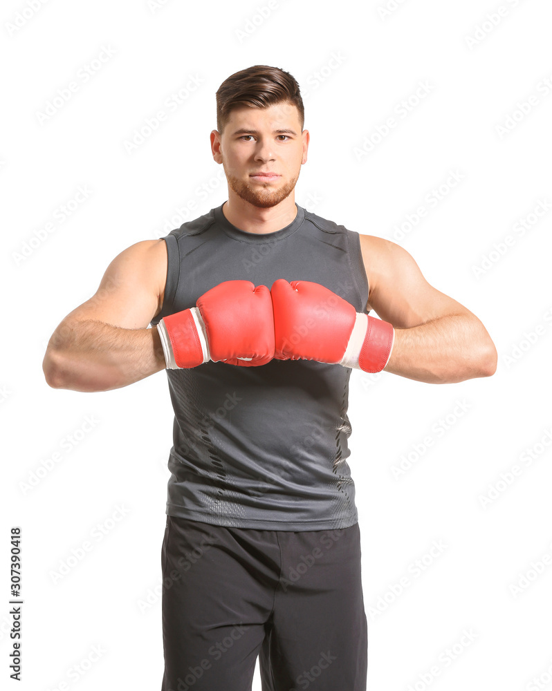 Sporty young boxer on white background Sporty young boxer on white background