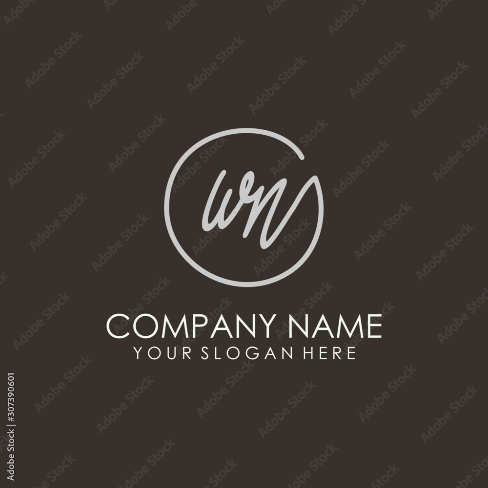 WN initials signature logo. Handwritten vector logo template connected to a circle. Hand drawn Calligraphy lettering Vector illustration. WN initials signature logo. Handwritten vector logo template connected to a circle. Hand drawn Calligraphy lettering Vector illustration.