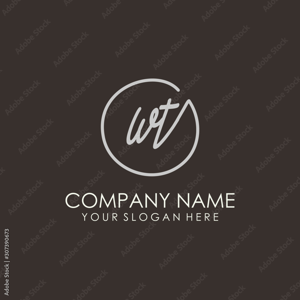 WT initials signature logo. Handwritten vector logo template connected to a circle. Hand drawn Calligraphy lettering Vector illustration.