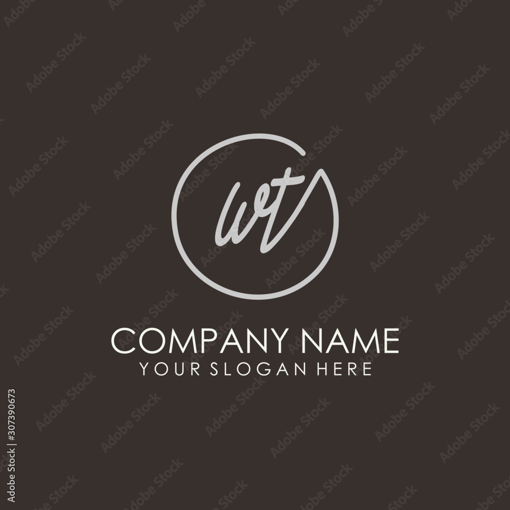 WT initials signature logo. Handwritten vector logo template connected to a circle. Hand drawn Calligraphy lettering Vector illustration. WT initials signature logo. Handwritten vector logo template connected to a circle. Hand drawn Calligraphy lettering Vector illustration.