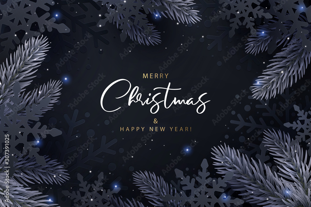 Merry Christmas and Happy New Year. Dark elegant background with