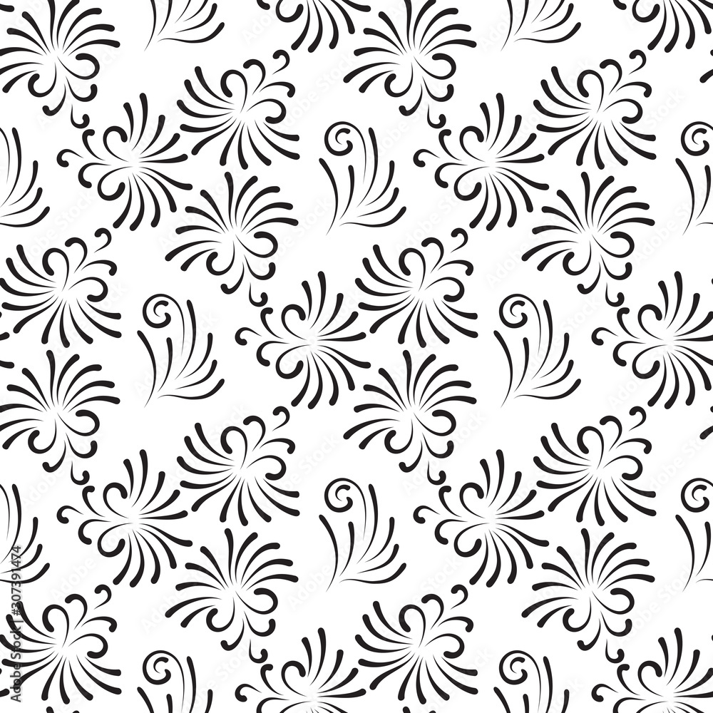 Vintage floral seamless pattern. Black and white flowers background. 
