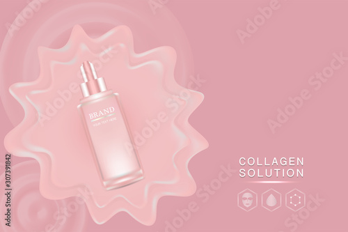 Beauty product ad design, pink cosmetic container with collagen solution advertising background ready to use, luxury skin care banner, illustration vector.	