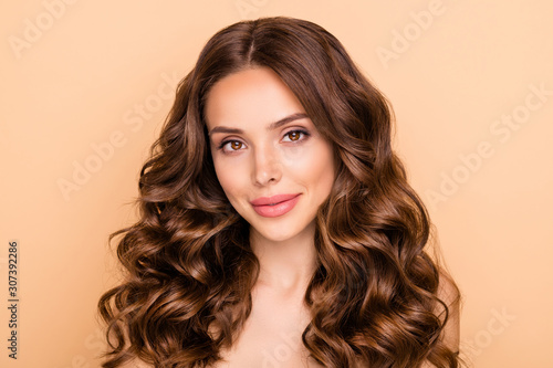Close-up portrait of her she nice-looking attractive lovely sweet tender calm peaceful wavy-haired girl fresh perfect pore skin laser peeling therapy isolated over beige pastel color background
