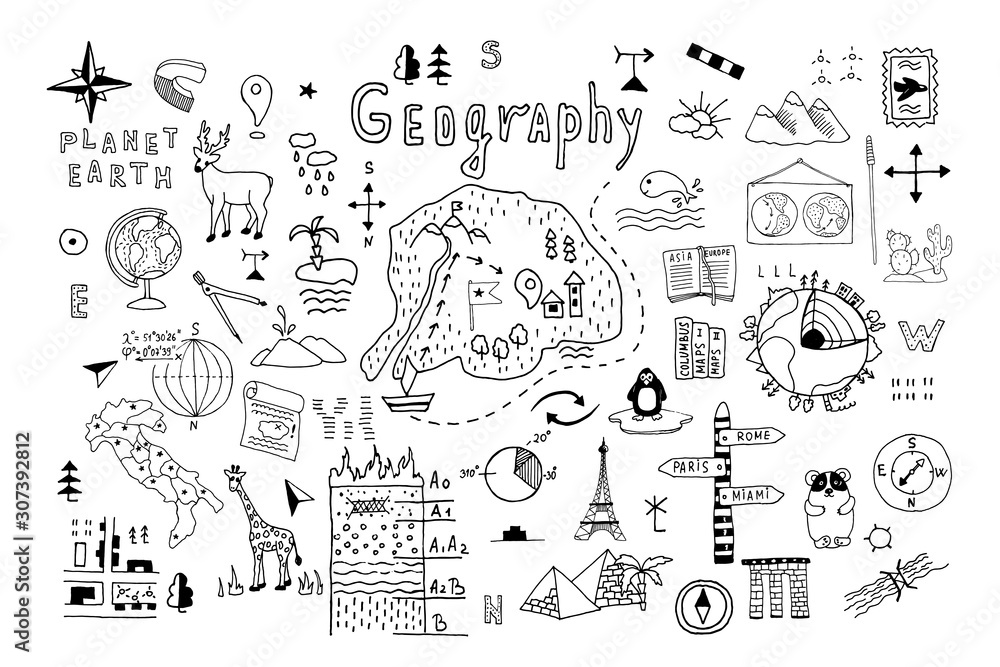 Symbols and drawings for a school geography lesson, set on a white ...