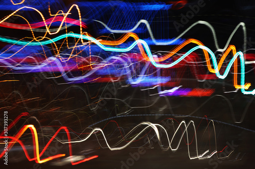 Colorful abstract line light art. Conceptual art showing motion, pulse of the city of Helsinki & darkness of the night. Created by moving camera with long exposure in the city during night