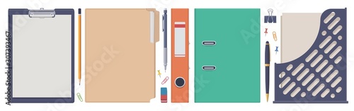 Stationery set. Folder clip board tray. Vector flat isolated illustration