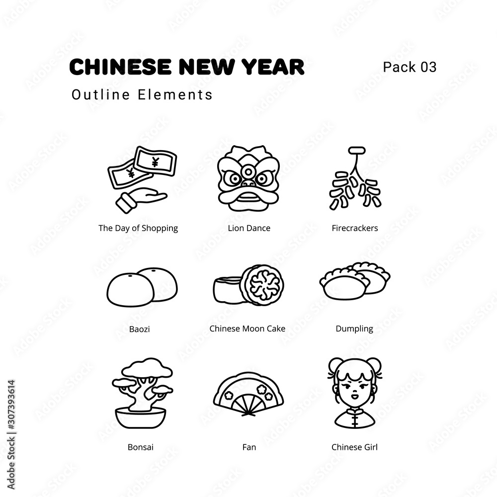 Chinese New Year outline elements icons