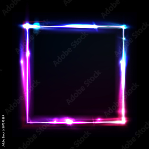 Neon frame with glow, sign and light background. Square. Night club signboard with empty space for logo or text. Vector illustration, poster, banner for night party. Glitch and neon light effect.