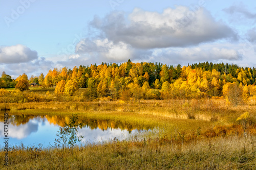 Autumn landscape in Karelia with a field, houses and lakes.