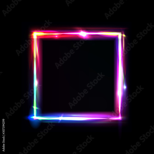 Neon frame with glow, sign and light background. Square. Night club signboard with empty space for logo or text. Vector illustration, poster, banner for night party. Glitch and neon light effect.