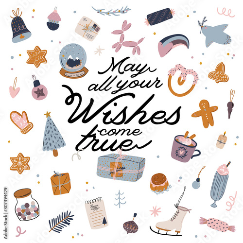 Merry Christmas or Happy New 2020 Year illustration with holiday lettering and traditional winter element.