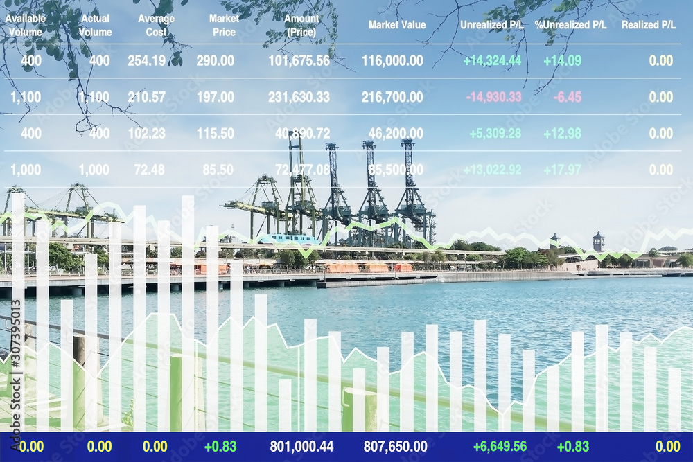 Stock financial index data business  of successful investment on logistic transportation industry with graph and chart for presentation report background.