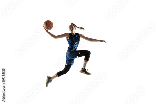 Fotobehang Young caucasian female basketball player of team in action, motion in jump isolated on white background